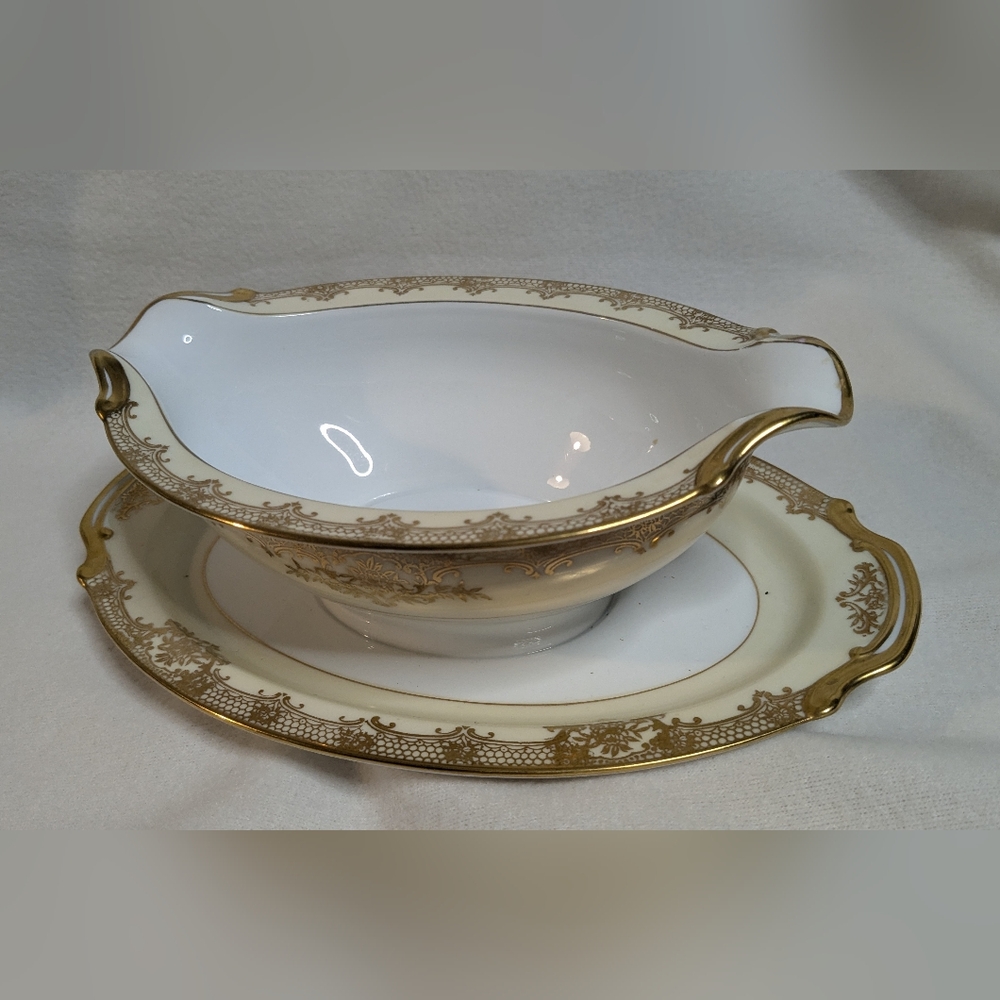 NORITAKE *GOLDENGLO* CHINA GRAVY VINTAGE SERVING BOAT W/UNDERPLATE